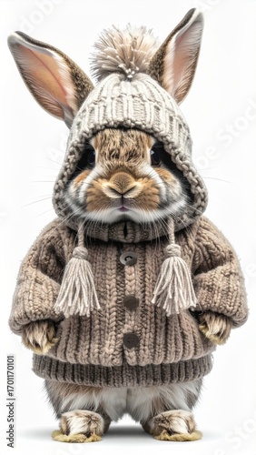 Adorable Brown Rabbit Wearing Knitted Hat and Sweater on White Background