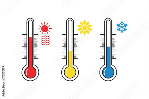 Three thermometers showing hot cold and moderate temperatures with icons warm