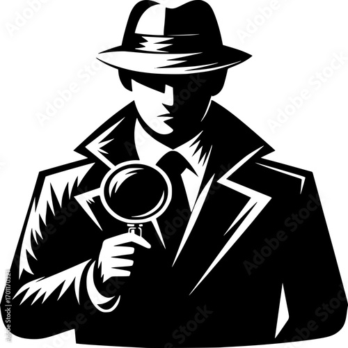 Detective's Investigation: A mysterious detective, cloaked in shadow, holds a magnifying glass, ready to uncover the truth, symbolizing the pursuit of knowledge and hidden secrets.