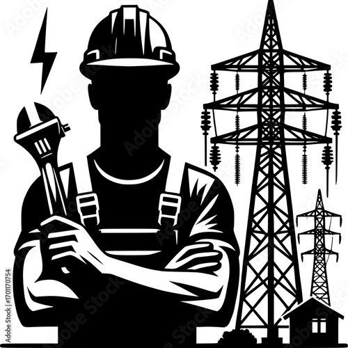 Powering Progress: A silhouette of an electrician stands tall, holding tools against a backdrop of towering power lines, symbolizing dedication to providing essential power.