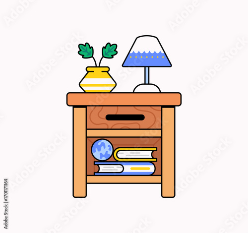 Vector illustration of a wooden nightstand featuring a table lamp, a striped yellow vase with leaves, and books stacked with a globe decoration or home decor, bedroom interior, furniture