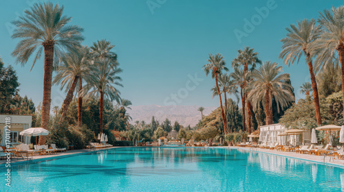 Serene pool surrounded by tall palm trees and lush greenery  reflecting clear blue sky. tranquil atmosphere invites relaxation and leisure  perfect for sunny day
