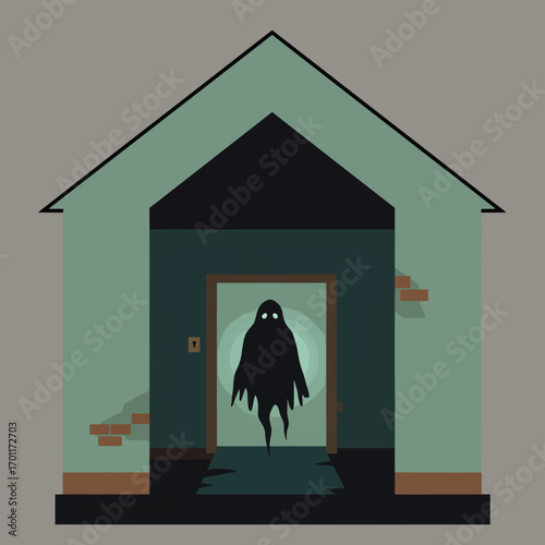 Minimalist Vector Illustration of Haunted House with Ghost in Modern Spooky Style Featuring Monochrome Gray and Dark Green Colors
