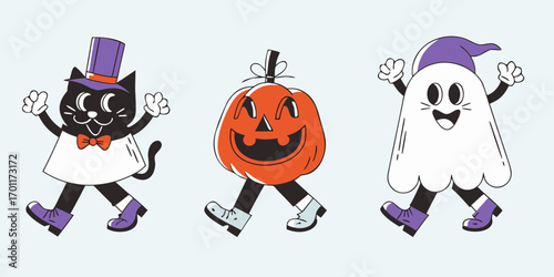 Cute halloween characters walking together a black cat in a top hat a jack o lantern and a ghost