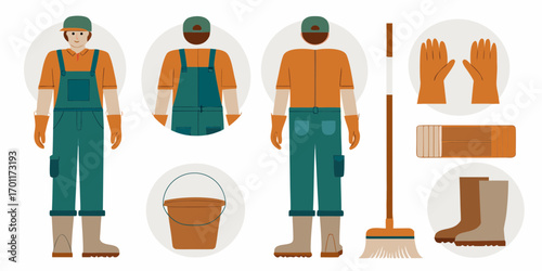 Gardening and cleaning uniforms and tools for men and women with various accessories