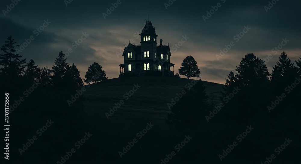 Fototapeta premium Haunted mansion on hill with glowing windows background