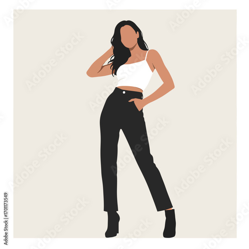 Minimalist Vector Illustration of Woman in Casual Outfit in Modern Style with Black White Color Scheme