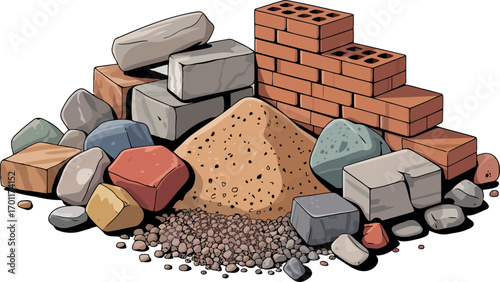  a disorganized but substantial pile of various construction materials, including different types of bricks, rocks, and sand.