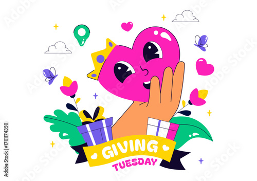 Happy Giving Tuesday Celebration Vector Illustration featuring Love, Gift Giving, and Encouraging People to Donate in a Flat Style Cartoon Background