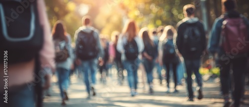 A blurred group of students walk to class with backpacks on a sunny morning near campus as they head towards their bright futures.