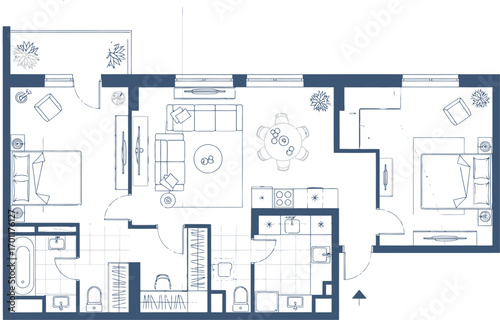 Detailed architectural floor plan of a modern apartment layout with multiple rooms and a balcony