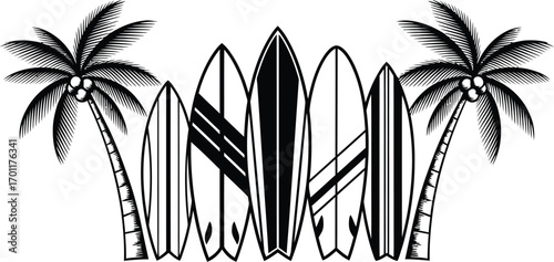 Stylized black and white illustration of surfboards lined up with palm trees on a tropical beach scene