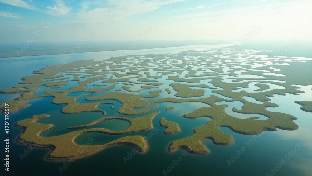 Naklejka premium Aerial View Green Islands Teal Water Abstract Landscape