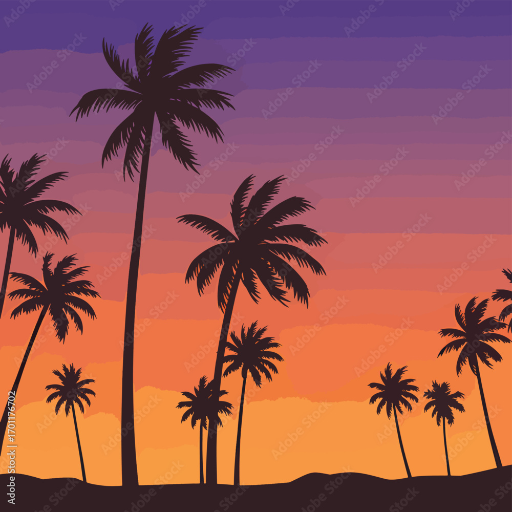 Naklejka premium Vector Silhouette of Palm Trees Sunset Landscape in Modern Minimalist Style with Vibrant Gradient Colors