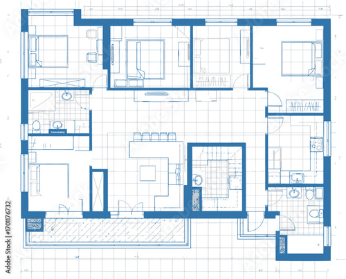 Detailed architectural floor plan blueprint showing rooms and layout of a modern residential building design