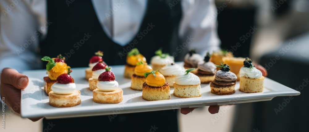 Obraz premium A waiter presents a tray with an assortment of beautifully decorated mini desserts at a formal event showcasing delectable culinary creations.