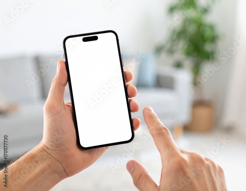 Hand holding smartphone with blank white screen mockup. Generated image