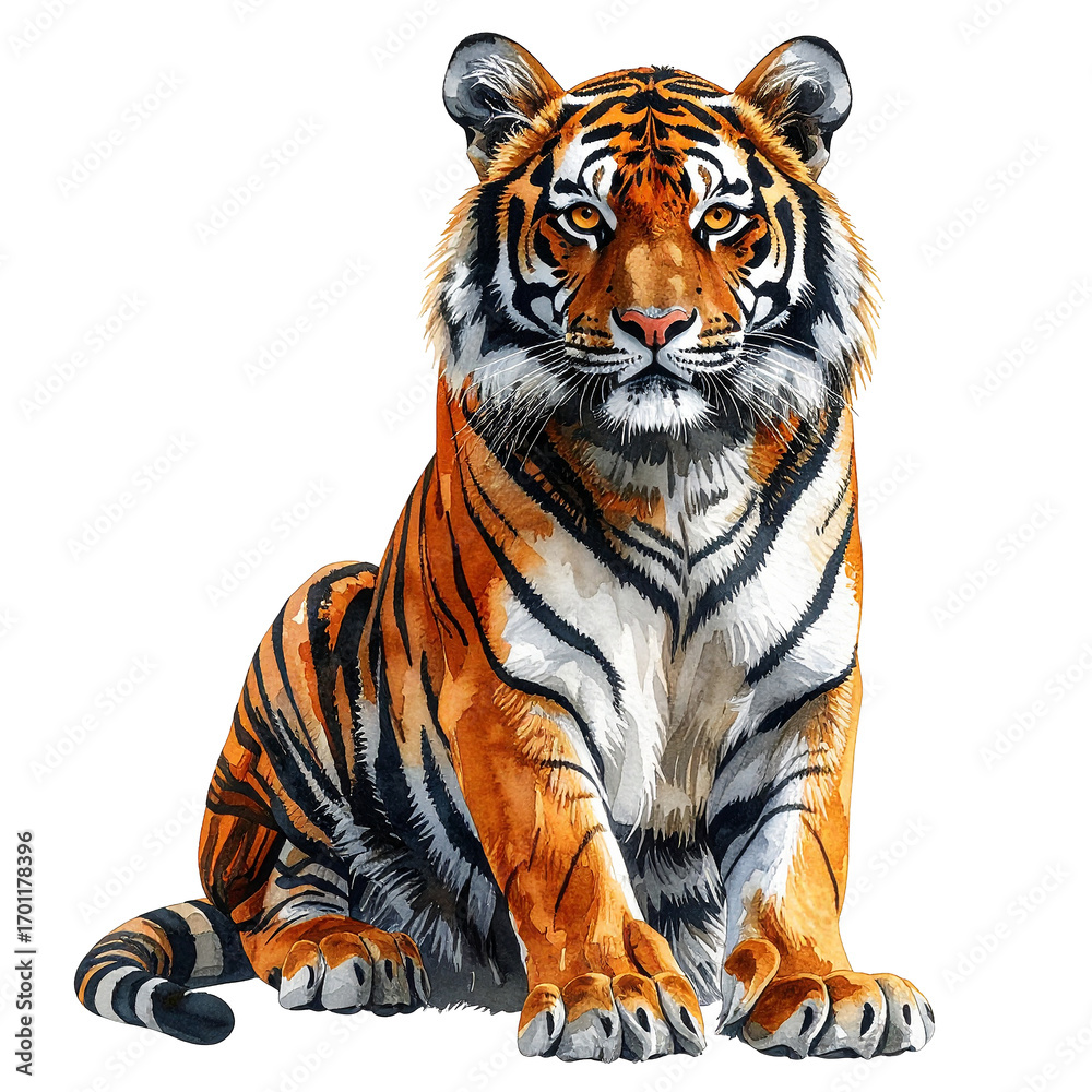 Obraz premium Majestic Tiger Portrait Isolated On White Background: A stunning, artistic depiction of a regal tiger. The vibrant orange and black stripes, combined with the tiger's piercing gaze. 