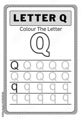 Writing practice of letters q. Coloring book. Education for children. Vector illustration