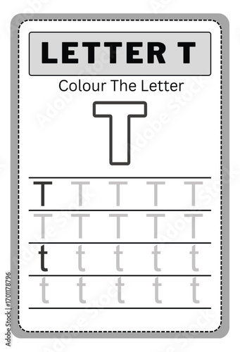 Writing practice of letters t. Coloring book. Education for children. Vector illustration