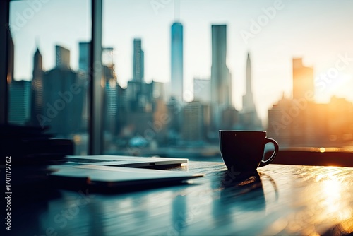 Cityscape view from a modern workspace. A laptop and coffee cup sit on a wooden table, overlooking a blurred cityscape at sunrise