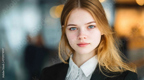 Wallpaper Mural Young woman with long blonde hair and blue eyes, wearing black blazer and white shirt, exudes confidence and professionalism in modern setting Torontodigital.ca