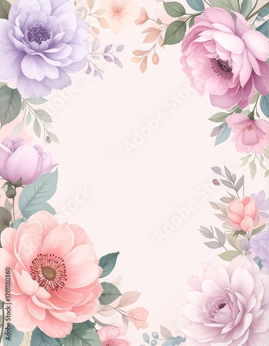 A vibrant floral background featuring an array of delicate pink and purple flowers, interspersed with lush green leaves, creating a lively, enchanting scene.