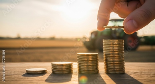 Agricultural Investment: Stacking Coins with Tractor in Background.