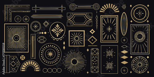 Collection of art deco style geometric ornaments and decorative elements in gold on black background