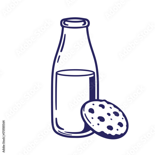 Simple illustration of milk bottle and chocolate chip cookie for sweet treats and snack