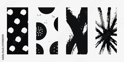 Abstract black and white brush stroke and dot patterns for modern graphic design