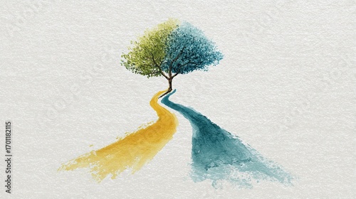 A vibrant artistic depiction of a tree at a fork in a road, with one path in yellow and the other in blue, symbolizing choices and possibilities.