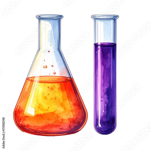 Chemical Concoction Isolated On White Background: A dynamic watercolor illustration showcasing two laboratory glassware, an Erlenmeyer flask holding a vibrant orange liquid. 