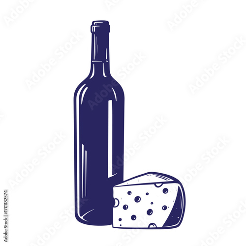 Simple vector illustration of wine bottle and cheese for gourmet food concepts.