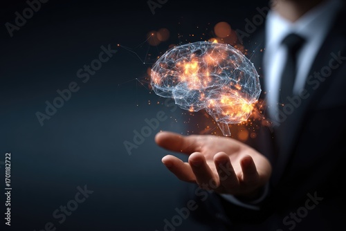 A hand, likely a businessman's, holds a digital representation of a brain.  The brain is a translucent, glowing wireframe, with orange highlights.  Dark background with bokeh effects