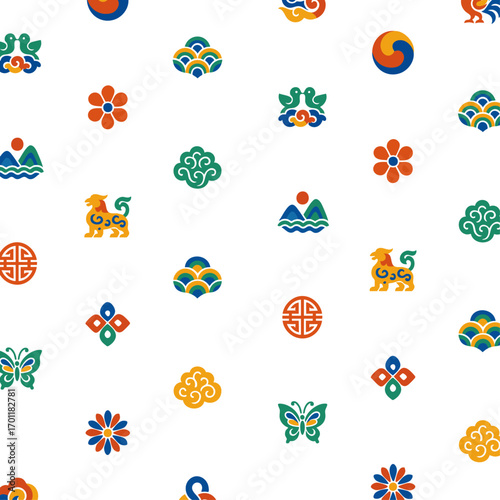 Korean traditional pattern decoration, isolated background. Colorful symbols and geometric motifs, cultural art design