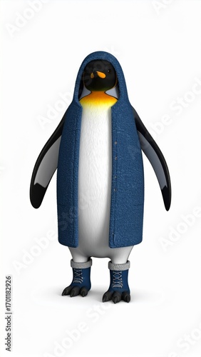 Penguin Illustration in a Blue Coat with Hood on a White Background Close Up