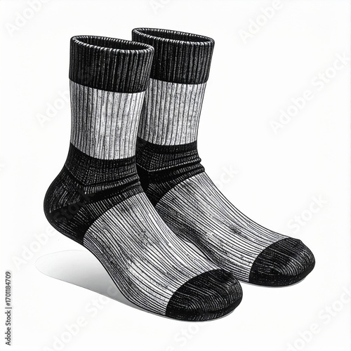 Two Knitted Wool Socks with Dark Gray Accents in Monochrome Illustration Style