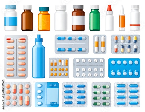 Assorted pharmaceutical containers and blister packs in various colors and shapes arranged on a white background.