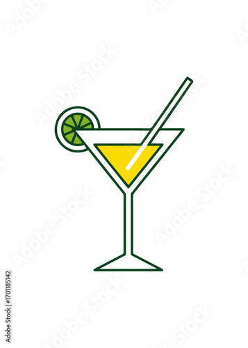 Yellow cocktail with lime slice and straw