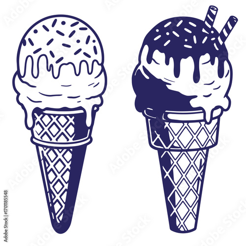 Two blue and white ice cream cones with sprinkles and chocolate drizzles on a white background