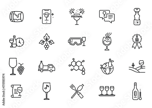 Wine outline Icons Collection – Unique Wine Glass, Bottle, Vineyard, and Tasting Symbols
