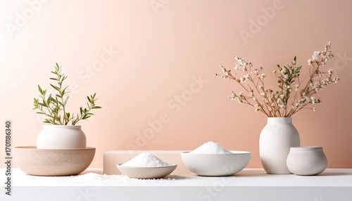 White Bowls of Salt Crystals with Greenery and Dried Flowers on a Shelf