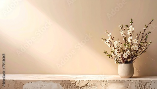 White Blossoms in Beige Pot on Neutral Background