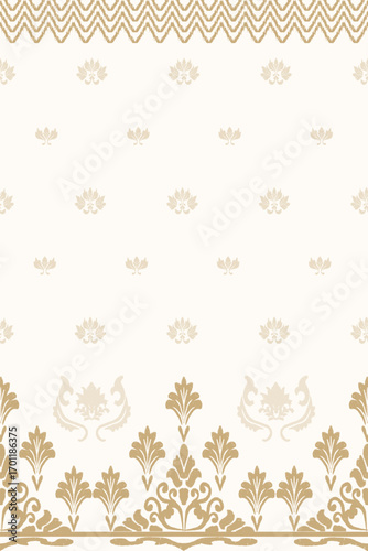 Motif ethnic ikat pattern seamless textile. Antique pattern, pearl color flowers, white background.