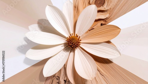 White Flower on Beige and Brown Wood Background