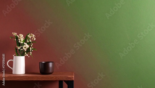 White Flowers in Mug on Wooden Shelf Against Red and Green Gradient Background