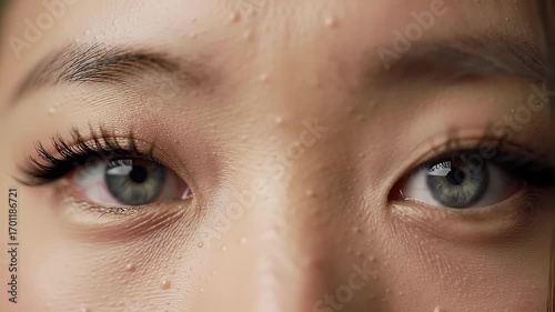 A detailed close-up of a woman's eyes, featuring long dark eyelashes, light-colored irises, and small skin texture details around the eyes and forehead.