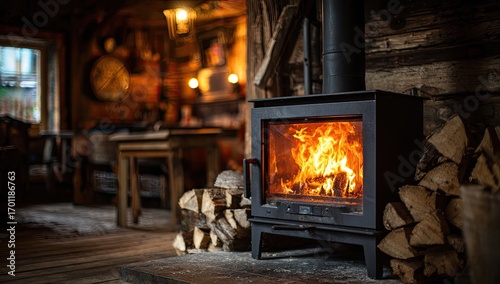Cozy cabin fireplace. Warm flames dance in a dark metal stove, surrounded by stacked firewood and rustic wooden walls