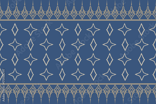 Motif ethnic ikat pattern seamless textile. Antique pattern, white flowers, navy blue background.